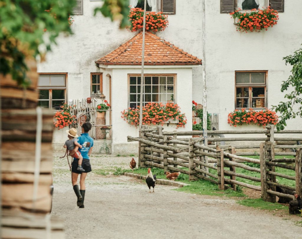 Uriger Hof in Bayern mit freilaufenden Hühnern und roten Geranien an den Fenstern des Hauses